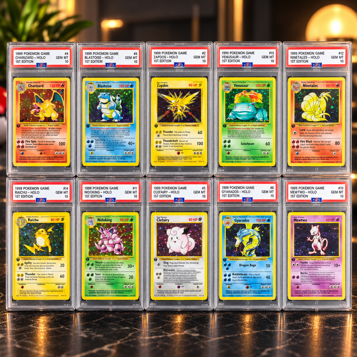 1999 1st Edition Charizard Mewtwo Gyarados Blastoise Gem Mint 10 Proxy Slabs
