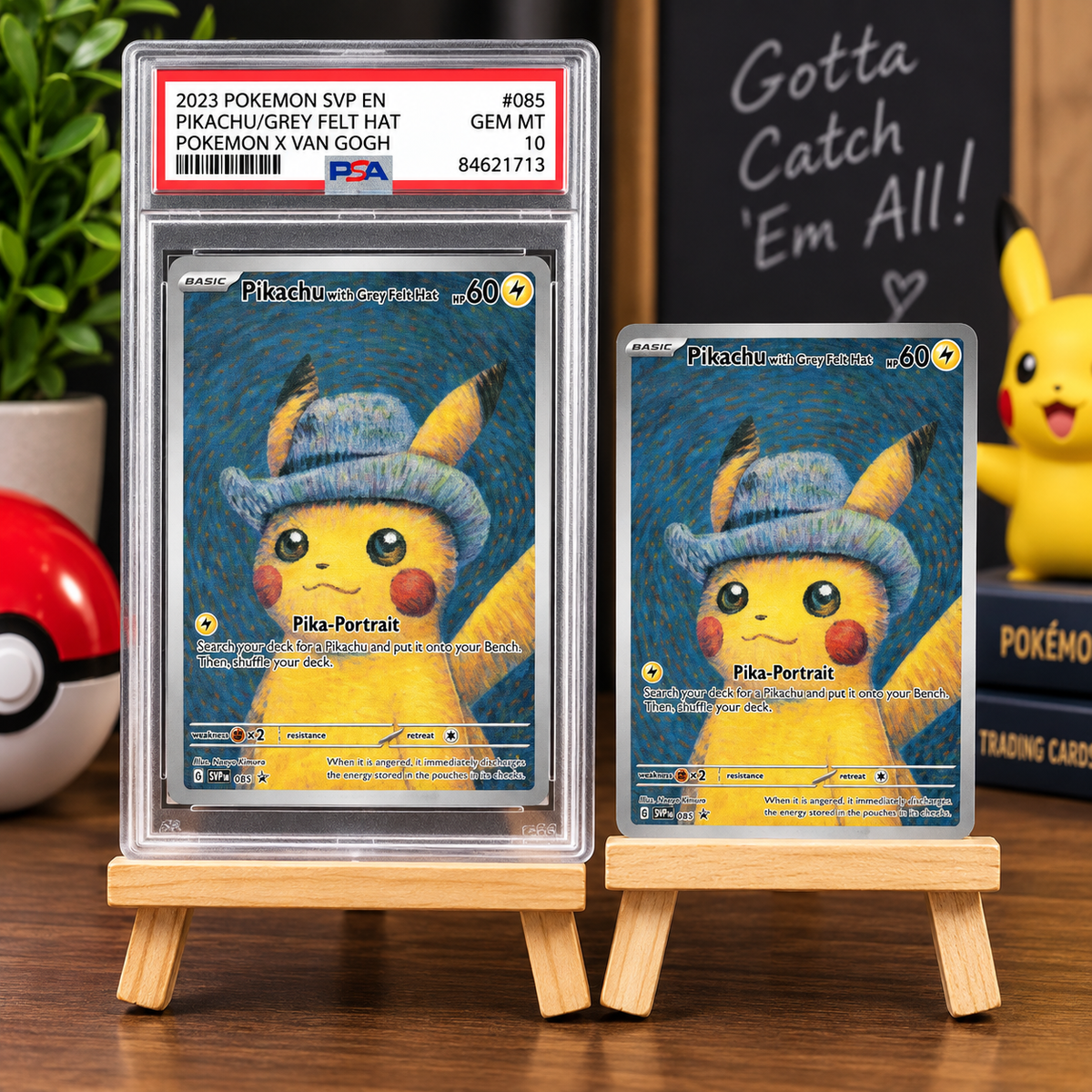 PTCG x Van Gogh Pikachu Grey Felt Hat Gem Mint 10 Proxy Slab